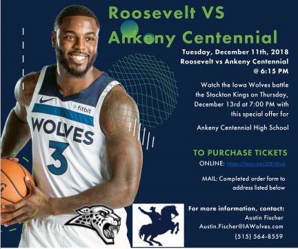 Jaguars_AD's tweet photo. Last Chance!! Get your tix to see the @ankeny_jaguars Girls @ACHSGBBALL &amp; Boys @ACHSboyshoops take DSM Roosevelt at Wells Fargo &amp; receive free tickets to the @iawolves Dec 13th vs. @StocktonKings Get yout tix in the ACHS Activity Office https://t.co/dOW86So2u7