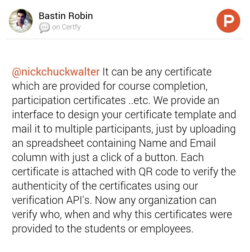 My thoughts on Certfy on <a href="/ProductHunt/">Product Hunt 😸</a> cc <a href="/nickchuckwalter/">Nick</a> producthunt.com/posts/certfy#c…