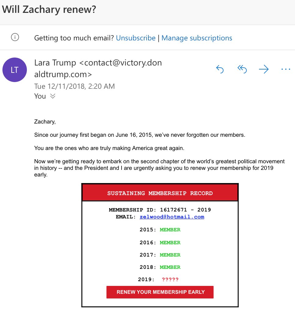 Another sign of the general shadiness/lies of Trump campaign. I've donated $1/month for past few months just to see the more inner Trump communications. This bullshit cookie-cutter email gfx from  @LaraLeaTrump shows me being a "member" since 2015 lol.