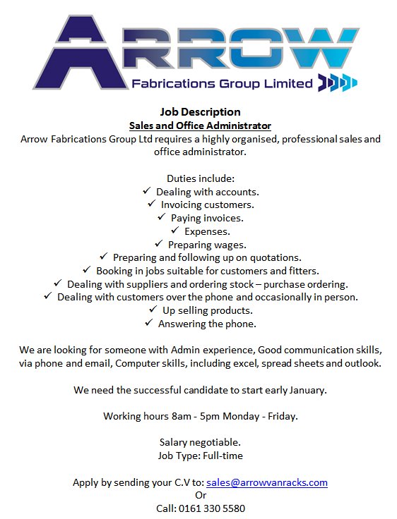 A job has arisen here at Arrow! Want to join our magnificent team? Apply by sending your C.V to sales@arrowvanracks.com 🤩 #joboffer #arrowvanracks #apply