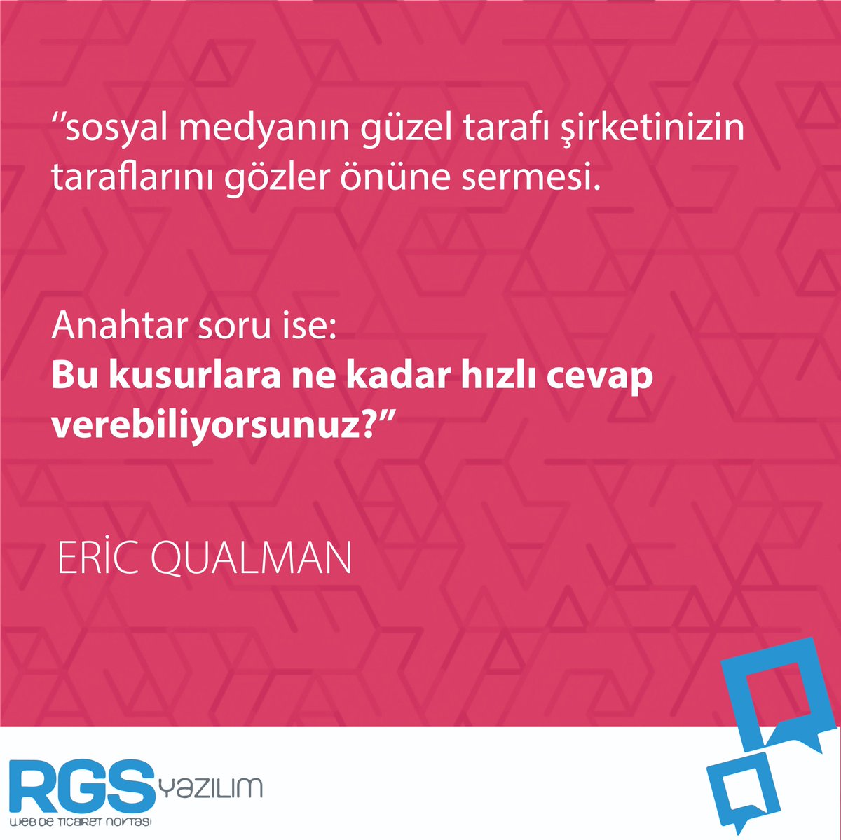 rgsyazilim's tweet photo. ''Sosyal medyanın güzel tarafı şirketinizin taraflarını gözler önüne sermesi.

Anahtar soru ise:
Bu kusurlara ne kadar hızlı cevap verebiliyorsunuz?'' (ERIC QUALMAN)

#sosyalmedya
#anahtarsoru 
#sosyalmedyanıniyitarafları https://t.co/IY19vXW7Xf