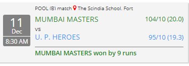 NSCricketLeague's tweet photo. MUMBAI MASTERS won by 9 runs
For Live updates visit: https://t.co/Je3rT5Hsah

#MaukaBulayeTujhe #GullySeStadiumTak #SirfTalentChalega #EkSeBadhKarEk #nscleague #nscricketleague https://t.co/j6IO81nFSX
