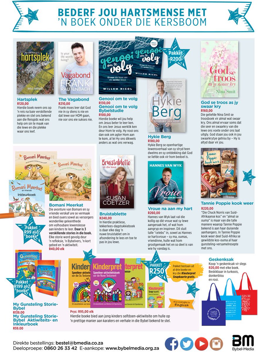 BybelMedia's tweet photo. Krap jy nog so bietjie kop oor wat om vir jou geliefdes te koop hierdie Kersfees. #BybelMedia het 'n paar oulike opsies. Ons winkel is oop tot 12:00 op 20 Desember om jou te help met jou laaste kersinkopies. Bestellings: 0860 26 33 42 of bestel@bmedia.co.za. https://t.co/WrOi1ZFJp7