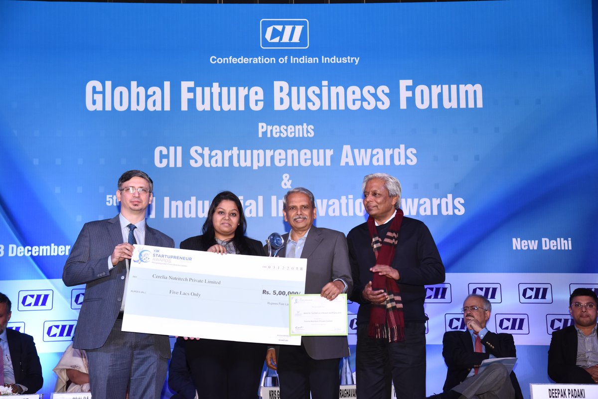Congratulations <a href="/CereliaNutri/">Cerelia Nutritech</a> <a href="/vnvvkiran/">Kiran Vuppala</a> <a href="/singhruchi13/">Ruchi Singh </a> for receiving the "Top startup award in Biotech and Pharma 2018", under the CII Startupreneur Awards 2018 from Jubilant Life Sciences at CII Global Future Business Forum 2018 <a href="/ap_innovation/">AP Innovation Society</a> <a href="/IC2Institute/">IC² Institute</a> <a href="/ficci_india/">FICCI</a>