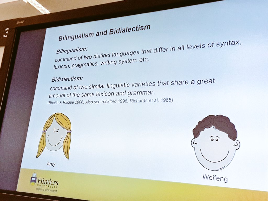 ALS2018_ADL's tweet photo. Weifeng Han from @Flinders describes the important distinction between Bilingualism &amp; Bidialectalism, in the context of L2 learning https://t.co/tKD9K04k3O