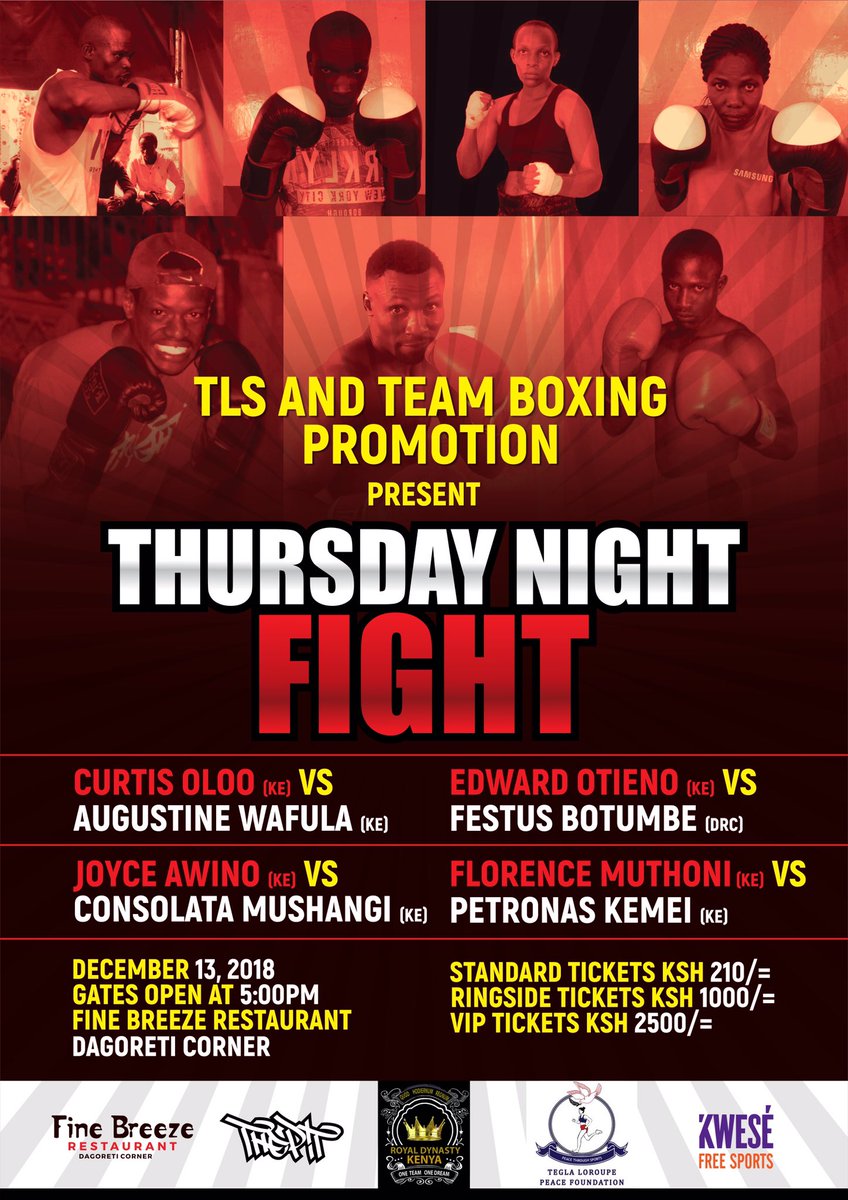 TLBoxingClub's tweet photo. All roads lead to Fine Breeze, Dagoretti Corner, this Thursday. Get ready for #ThursdayNightFight 🥊 https://t.co/oXlJzy3Ybm