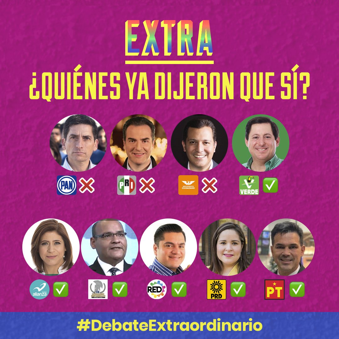 Ya casi es el #DebateExtraordinario y todavía faltan algunos por confirmar. ¿Ya viste quiénes? 👀 ¡Ayúdanos a convencerlos! Arróbalos para que asistan 👇
