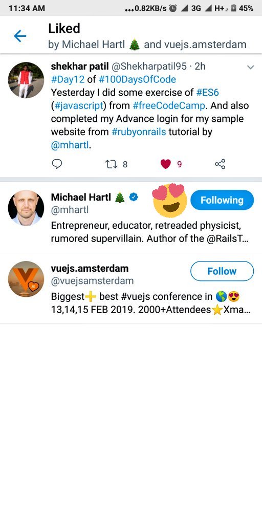 Shekharpatil95's tweet image. Look who liked my tweet.. It made my day... 

#rubyonrails #rubyonrailstutorial #happyness