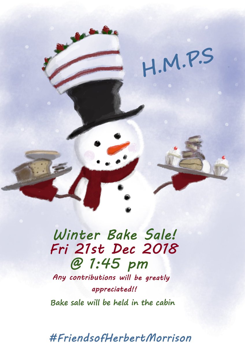 anh_zulinski's tweet photo. Herbert Morrison primary school Winter Bake Sale 21st December 1.45pm! Contributions will be greatly appreciated!! 🍰🍰🍰🍪🍪🍪🥧🥧🥧🍩🍩🍩 @HerbMorrPriSch #FriendsofHerbertmorrison https://t.co/aLHMIxorQR