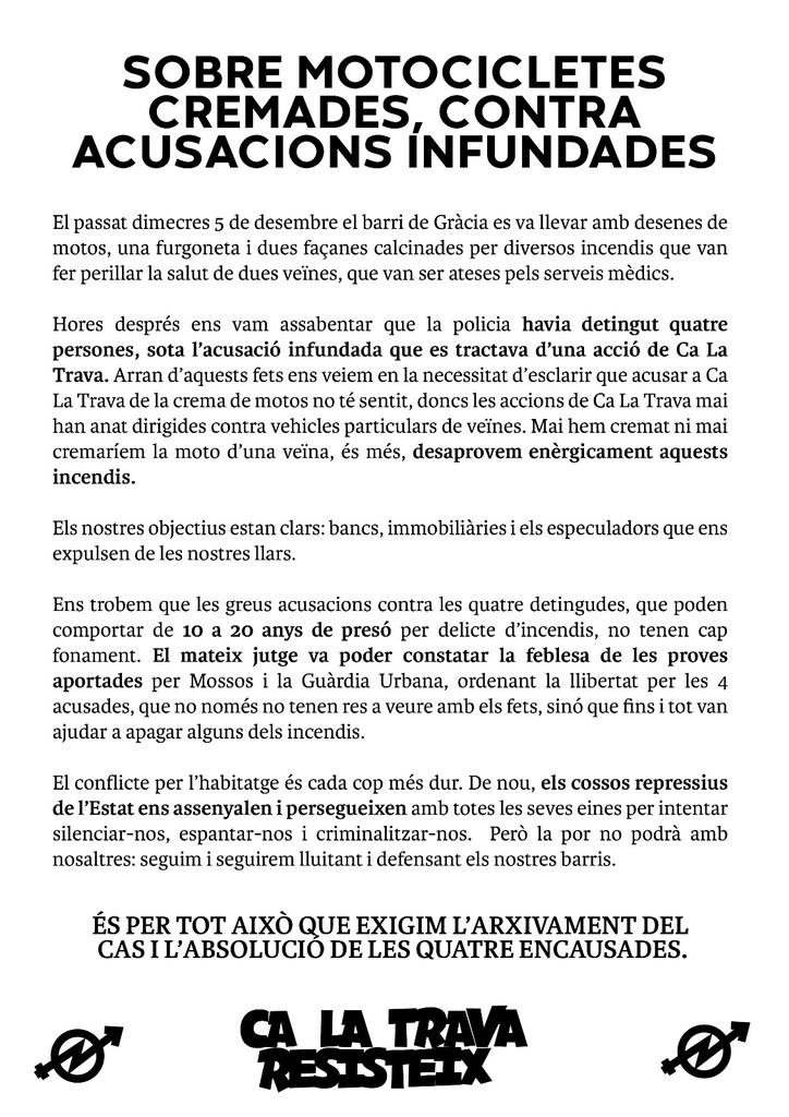 SOBRE MOTOCICLETES CREMADES
CONTRA ACUSACIONS INFUNDADES
