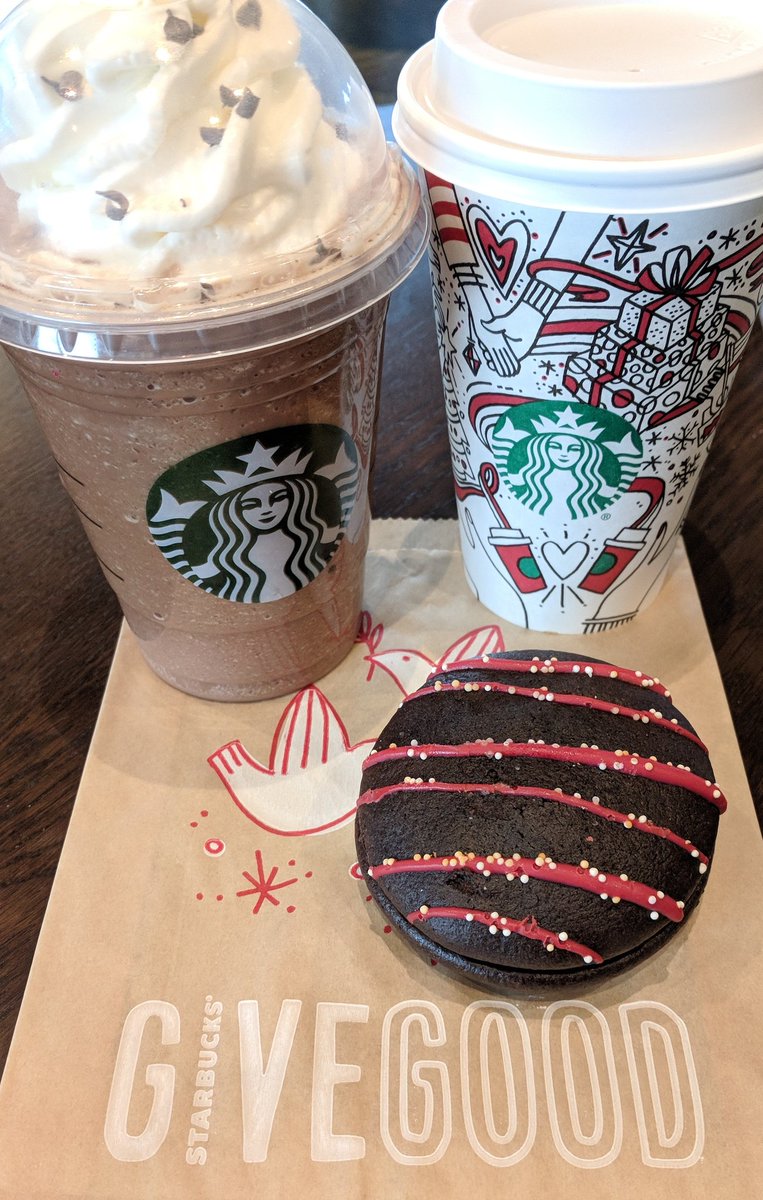 Trying to do the #FrapventCalendar early so I don't almost forget like yesterday. Here's Day 11, a #PeppMo #frappuccino with a #CandyCane #whoopiepie, and also probably a #CaramelBrulee #latte. So much @Starbucks in one pic. #PeppermintMocha #Starbucks @frappuccino #GiveGood