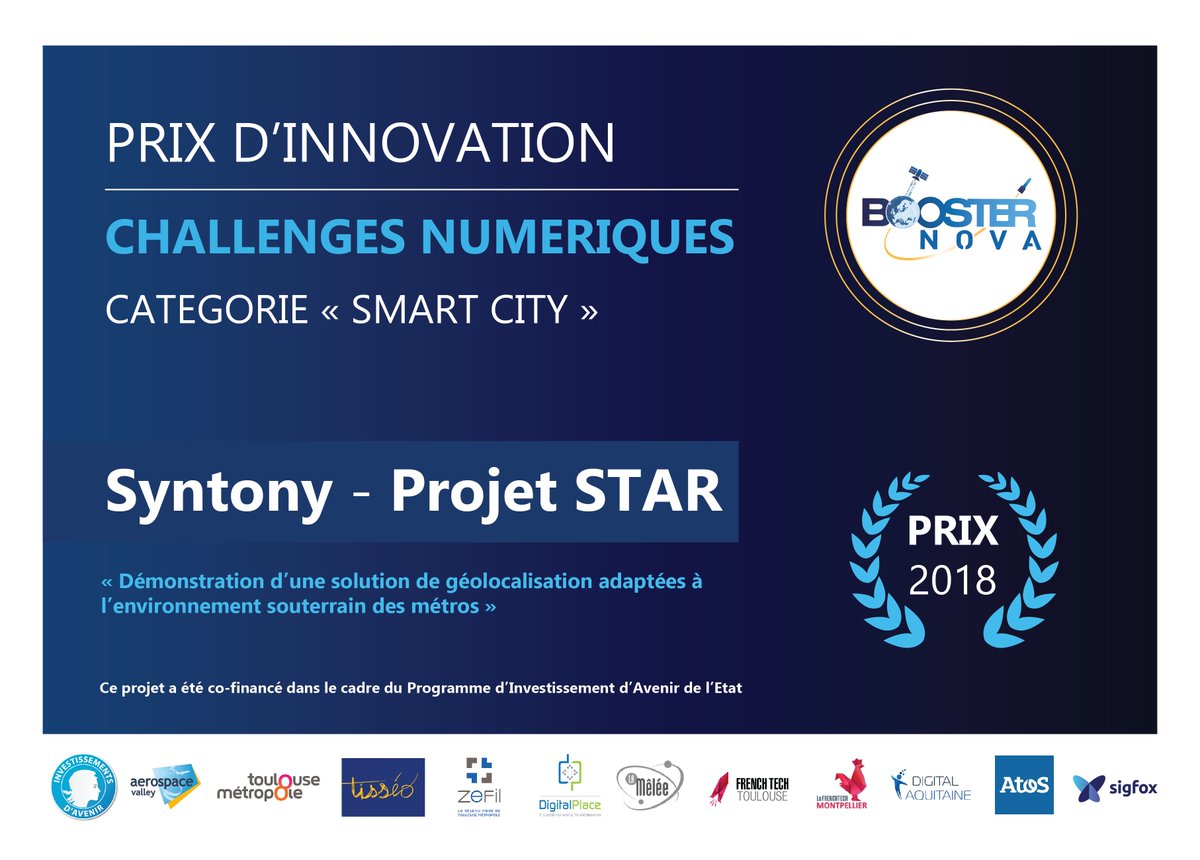 BoosterNova's tweet photo. [Remise de Prix] Lauréat #Syntony Projet #Star : Démonstration d’une solution de géolocalisation adaptées à l’environnement souterrain des métros
#ChallengesNumériques #opendata #SmartCity #BoosterNova #MeleeGeodata https://t.co/f39uupt953