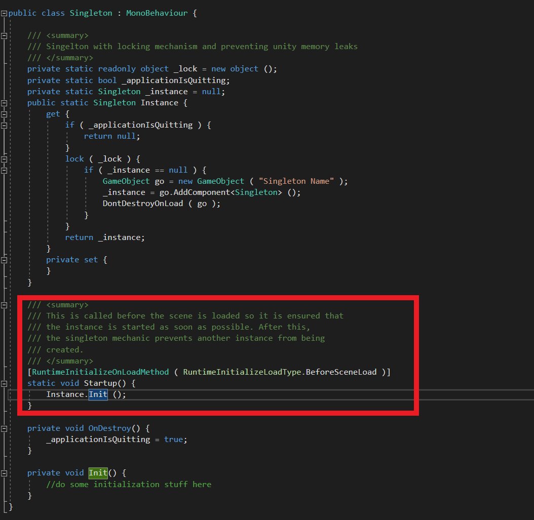 DaIndieGameDev's tweet image. RT BinaryImpactG: #UnityTips Here is a nice one. Make sure your singleton gets initialized before all other game objects by using an attribute. I included complete singleton code with locking mechanism in case this is also useful to anyone :)
#madewithun…
