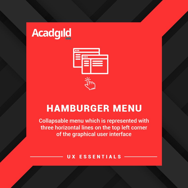 acadgild's tweet image. #Hamburger menu is a navigational symbol consisting of three stacked horizontal lines that indicate a hidden menu. When a user clicks, taps or touches the icon, the menu slides out from the side of the screen showing various options they can interact with.
#Acadgild #UXEssentials