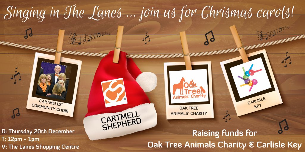 Don't forget to join the #CartmellsCommunityChoir and #TeamCartmells for a sing a long in <a href="/TheLanesSC/">The Lanes Shopping</a> - 20th December from 12pm until 1pm outside Debenhams!

Our selected charities for fundraising this year are <a href="/CarlisleKey/">Carlisle Key</a> <a href="/oaktreeanimals/">Oak Tree Animals' Charity</a> 

#ChristmasCarols #Charity #Cumbria