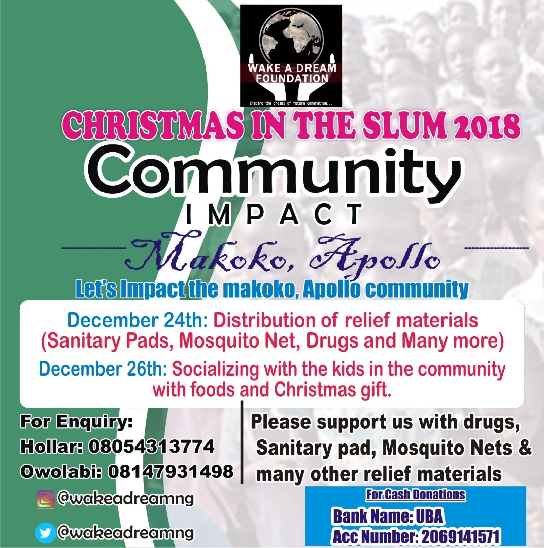 MBmatic's tweet photo. The @wakeadreamng foundation are Planning towards making this Christmas a remarkable one for the people of Apollo Makoko community... Kindly support us towards achieving this feat for humanity  🙏🏼 Make someone happy this Christmas #ChristmasInTheSlum #WakeADreamFoundation https://t.co/ZBDSEybeFB
