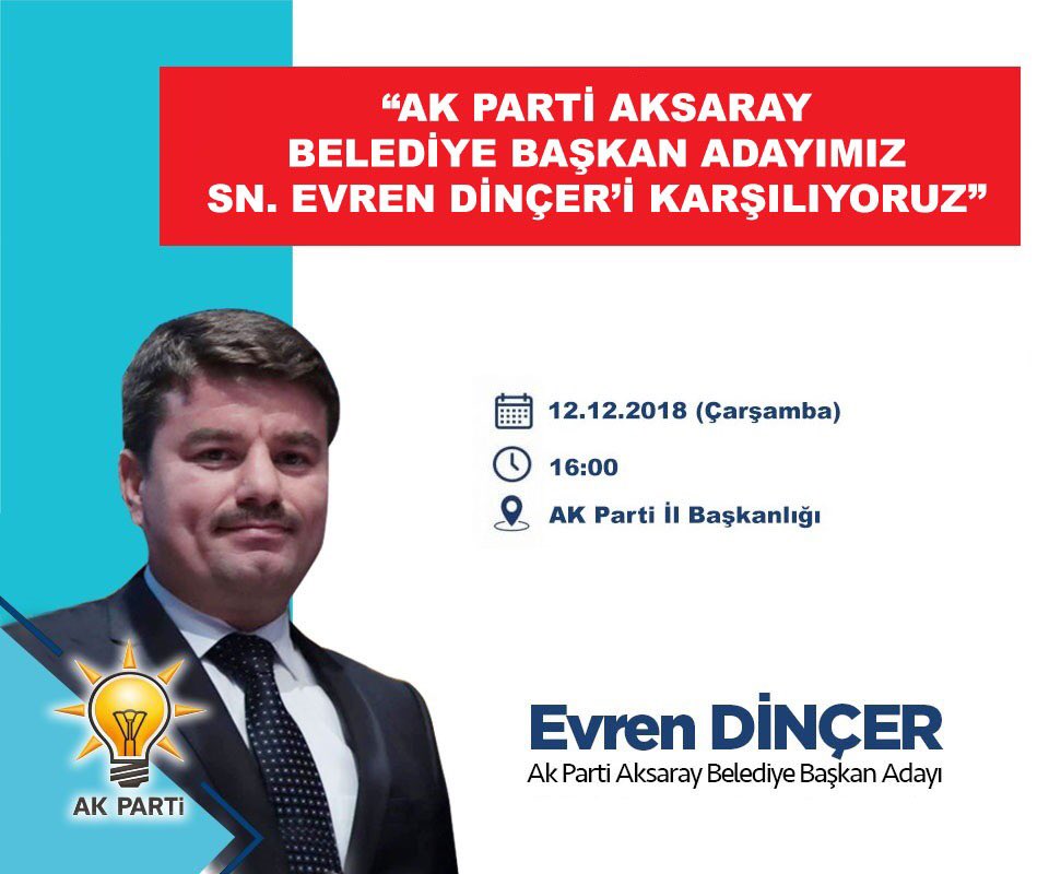 “AK Parti Aksaray Belediye Başkan Adayımız Sn. Evren Dinçer’i Karşılıyoruz”

Tüm halkımız davetlidir.. 

🗓 12.12.2018 (Çarşamba)
⏰ 16:00
📍 AK Parti İl Başkanlığı