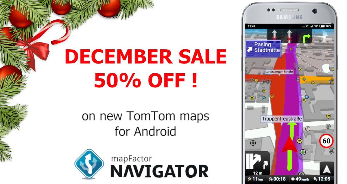 mapfactor's tweet photo. DECEMBER SALE - 50% OFF! Do you wish to use professional TomTom maps in Navigator? We offer 50% OFF on new TomTom maps for Navigator for Android devices. ONLY in DECEMBER! #mapfactor #gpsnavigation #tomtom #maps #sale #discount #Android #newmaps https://t.co/7LL7v6fH2C