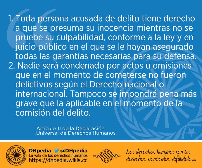 DHpedia's tweet photo. Artículo 11 de la Declaración Universal de Derechos Humanos, derecho a la presunción de inocencia

🔵 https://t.co/G7dO7F6Yed 

https://t.co/eu1l927qH7