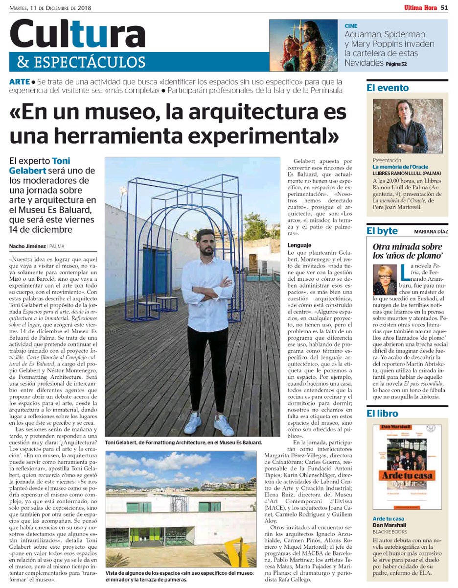 esbaluardmuseu's tweet photo. 📢 Avui @UHmallorca publica una entrevista amb @tonigelabert, un dels responsables de la #CarteBlanche "Invisible" a #FormattingArchitecture, qui participarà a la sessió professional sobre art i arquitectura del proper divendres. Més informació: https://t.co/oJkq5swiIq https://t.co/LYvk8ZDXpI