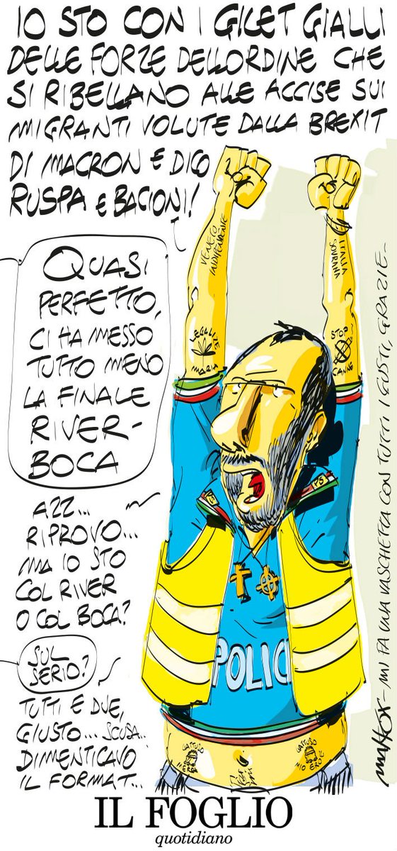 Matteo Salvini acchiappatutto nell'illustrazione di <a href="/makkox/">makkox</a> #jiletjaune #giletgialli Qui tutte le altre vignette per il Foglio bit.ly/2AU9syK