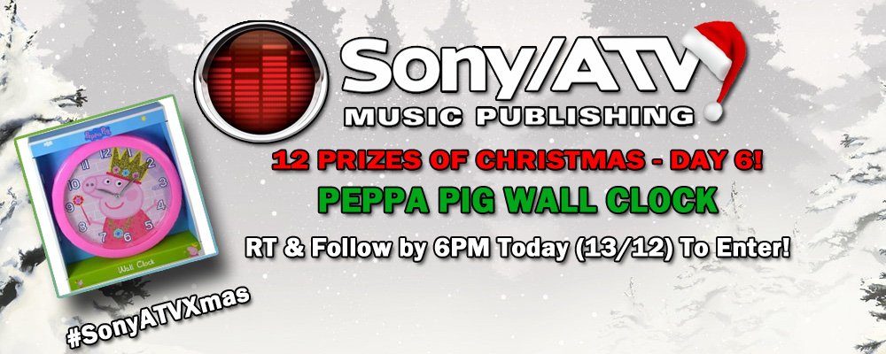 SonyMusicPubUK's tweet photo. 🕒 Day 6 arrives &amp; the Sony/ATV Santa returns with a #PeppaPig Wall Clock 🕒 

To #enter to #win, simply RT &amp; follow b4 6pm today (12/12/18) &amp; we’ll let you know if you’re a winner!

#competition #SonyATVXmas https://t.co/iN07nIATaQ