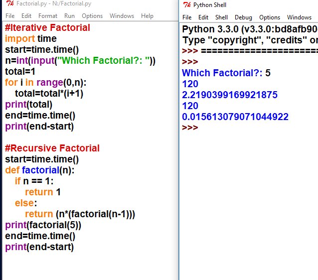 VeritasCompSci's tweet image. Interesting time comparison of factorials generated iteratively and recursively #python #alevelcomputerscience #cas_chat