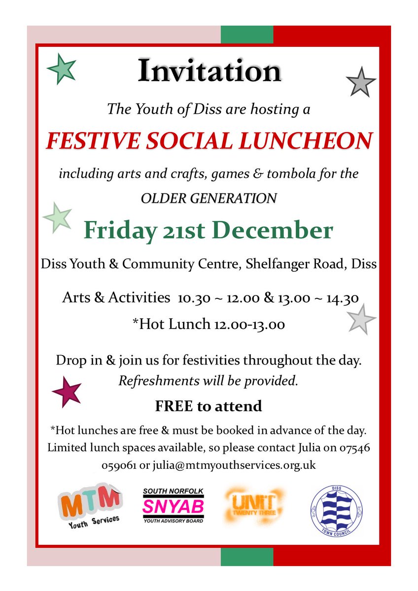 This Friday a Festive Social Luncheon at the Diss Youth &amp; Community Centre for the older residents of Diss - organised by a group of young people from the town. Free to attend #intergenerational #southnorfolk #Diss