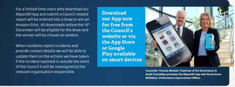ReportAll's tweet image. **ALEXA, I&apos;d like to report fly tipping**
We aren&apos;t quite there yet, but residents of @lisburnccc can win an Amazon Echo for Christmas by using the ReportAll app for a &quot;Council Related&quot; issue and including contact details. Draw is on the 14th Dec.