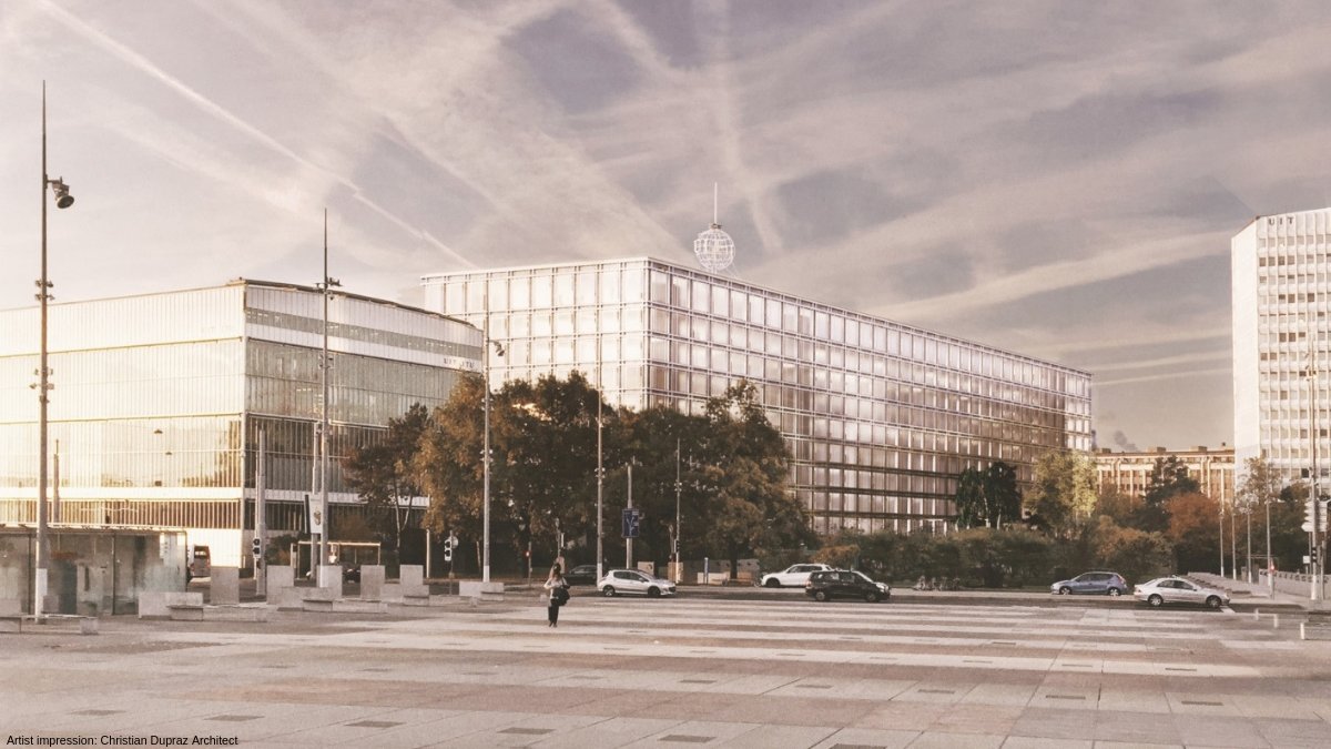Artist's impression of the new ITU HQ by Christian Dupraz Architect. The original ITU (Varembe) building is replaced by a shiny structure which remains between the 2 remaining ITU Tower and Montbrillant buildings