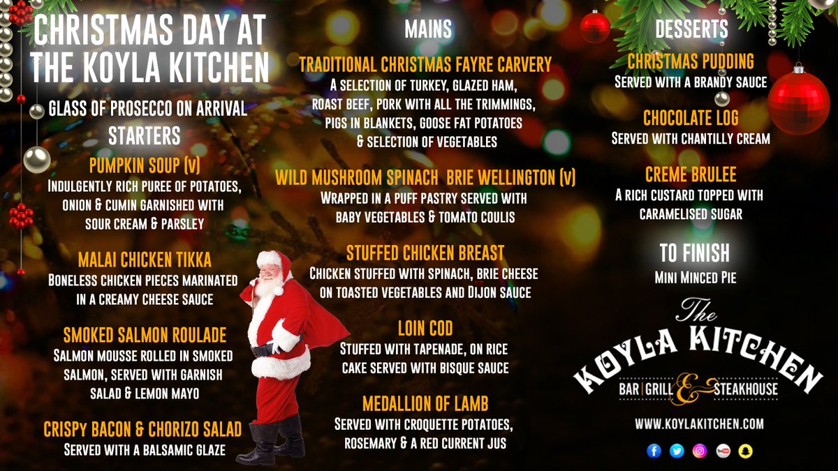 Only 2 Weeks to go till #Christmasday Check out our Delicious Xmas day Menu at The #KoylaKitchen. Only a few spaces left guys! Call us or book online now! tinyurl.com/ycp4fmxd #Bar #Grill &amp; #SteakHouse koylakitchen.com #BrierlyHill Reservations: koylakitchen.com/reservation/