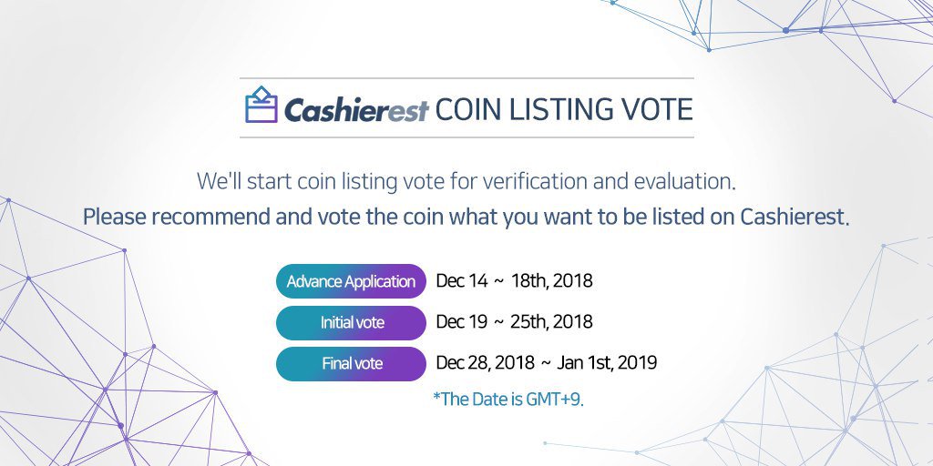 cashierest's tweet photo. Coin listing vote opens for #Cashierest on this Friday.

Total 1 BTC, 2,500 TUSD and 100 ETH giveaway events are also prepared for Winners! 

<Steps>
1. Follow @cashierest
2. Like &amp; Retweet this tweet

For the detail, please refer to https://t.co/itAAYgflM0

#CoinListingVote https://t.co/y33AhoIUGh