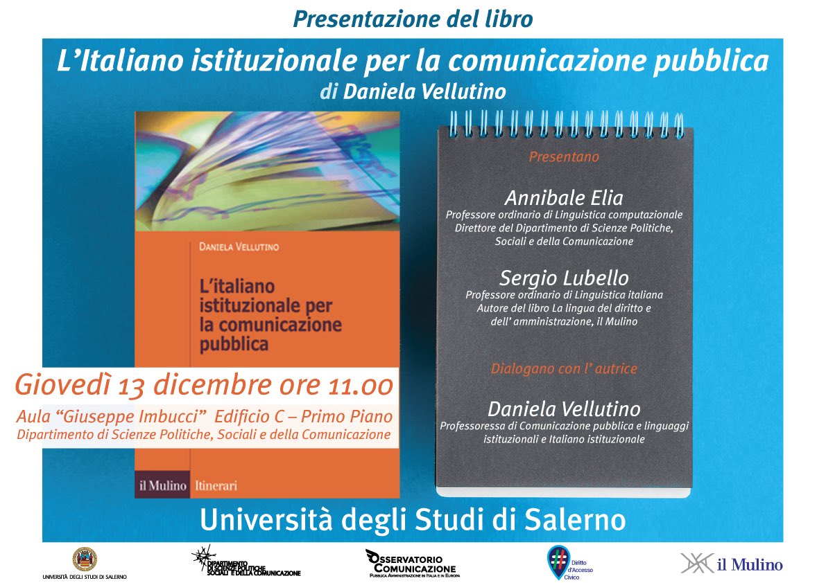 DaVelSign's tweet photo. Giovedì #13dicembre Annibale Elia e Sergio Lubello presentano il mio #italianoistituzionale @edizionimulino qui @UniSalerno #sapevatelo #PA https://t.co/QMlAJDK11L