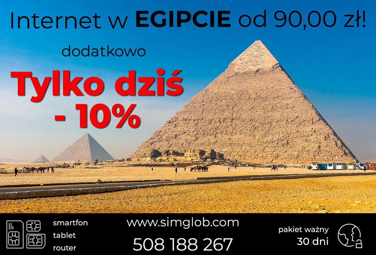 simglobCom's tweet image. Dziś w Egipcie choć słońce chowa się za chmurami, jest 22 stopnie. A w #SimGlob dzisiejsze 10% rabatu jest właśnie na kartę z Internetem do #Egiptu! Czy to nie jest kusząca propozycja na przedświąteczny wypad? ;)
simglob.com/cennik/egipt
#internetzagranicą #Internet #wpodróży