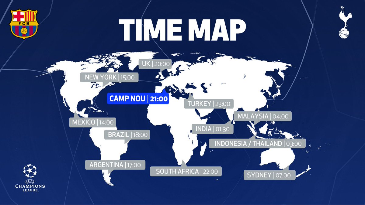 ساعت بازی بارسلونا و تاتنهام به وقت کشورهای مختلف جهان(عکس)