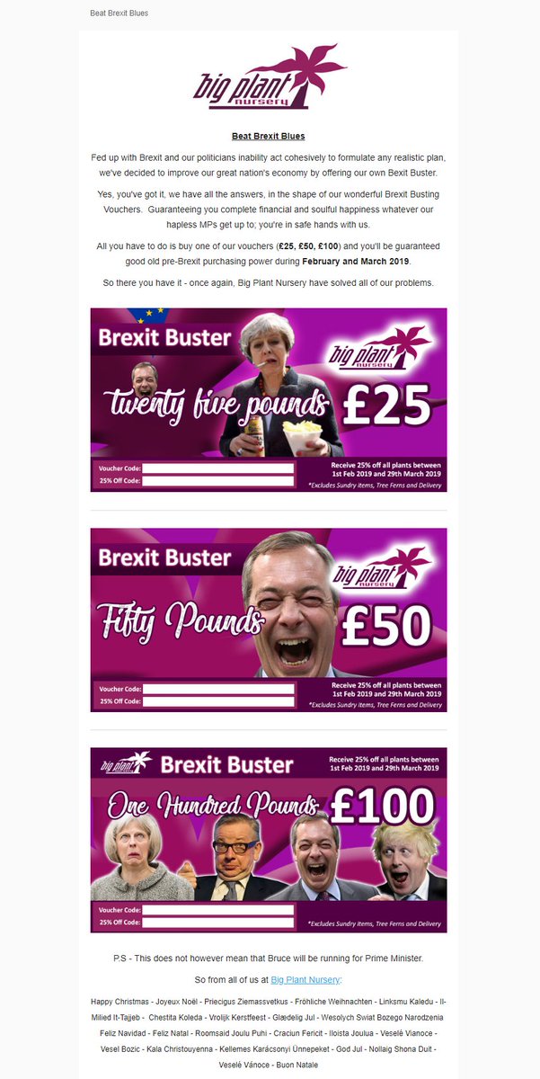 BruceBigPlant's tweet photo. Thought we'd add little cheer and humour to brighten the day we've come up with our plan to beat Brexit. Let us know what you think? #brexit #bigplantnursery   https://t.co/1RIeULGLd7 https://t.co/IluB6OjhUc