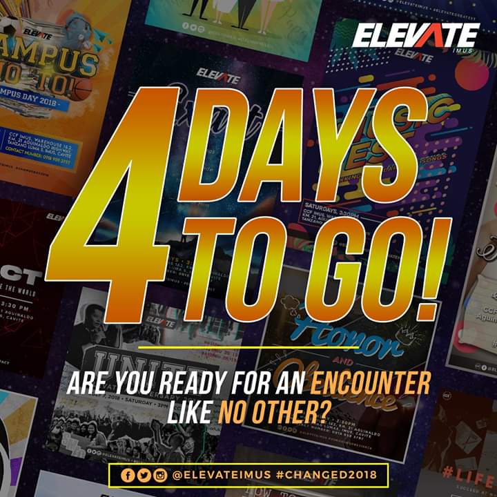 ElevateImus's tweet photo. 4 DAYS TO GO! ✨

Are you ready for an encounter like no other? 🎉🎉
Happening this Saturday! 2PM at CCF Imus! :)

Invite your classmates, friends, and Dgroup! See you there! 🙂😁

#ElevateImus #Changed2018 https://t.co/pVlwkh2K1e