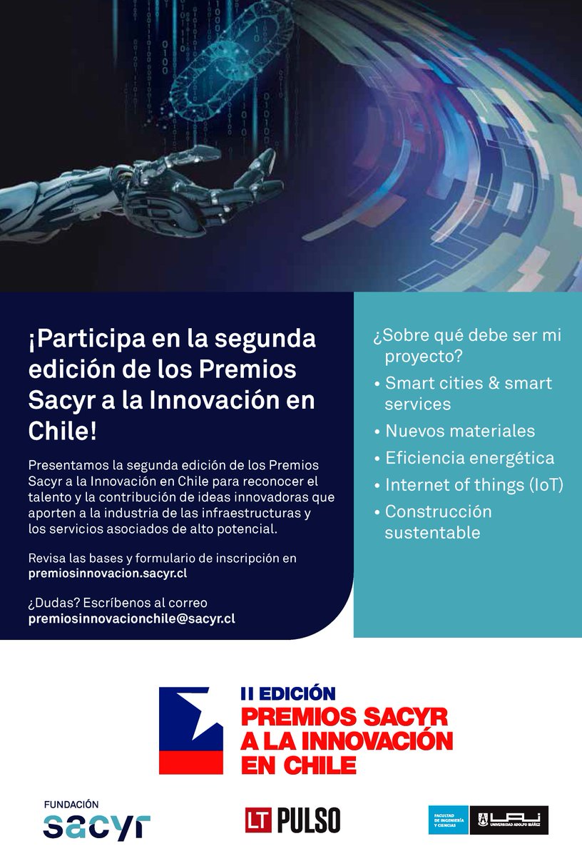 PARTICIPA 📣 | Está abierta la convocatoria para participar de los Premios Sacyr, que premia con CLP$15.000.000 a los proyectos de innovación ganadores.
Más info y postulaciones en: goo.gl/zJTp2u