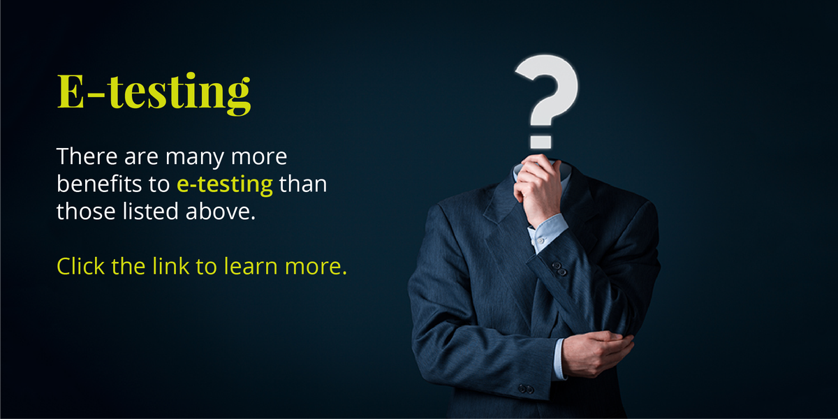 PearsonVUE's tweet image. What are the benefits of #etesting (#computerbasedtesting)? 

1. Increased security 
2. More frequent testing opportunities 
3. Scheduling in real-time 
4. Advanced data items 
5. Brand extension &amp;amp; customisation

And many more! Learn here: goo.gl/1WDSpV