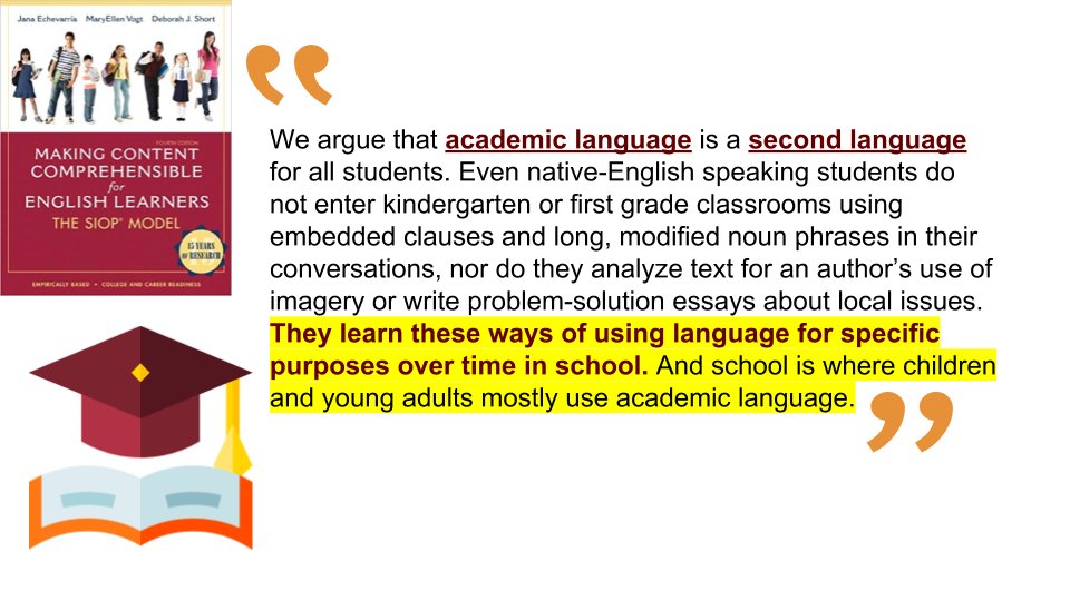 “We argue that academic language is a second language for ALL students.”
 <a href="/Jechev/">Jana Echevarria, PhD</a> #ellchat #esl #ela #ell #ela #esol #tesol #educhat #AsiaPD #ells #els