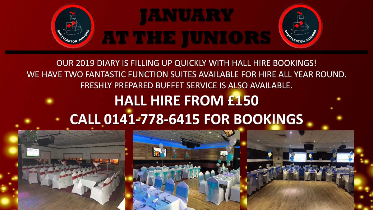 Shettleston Juniors (@shettojnrs) on Twitter photo Our 2019 diary is filling up fast!
Bookings & enquiries: info@shettlestonjuniors.co.uk
#glasgow #events #glasgowlife #shettojnrs Our 2019 diary is filling up fast!
Bookings & enquiries: info@shettlestonjuniors.co.uk
#glasgow #events #glasgowlife #shettojnrs