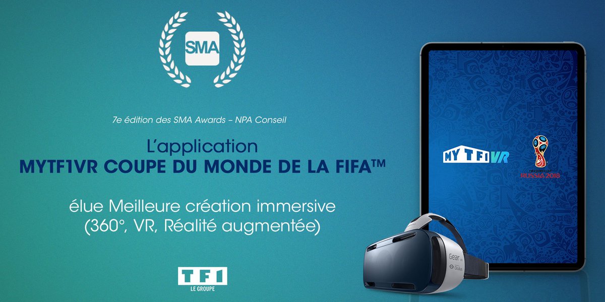 LucileBaudrier's tweet photo. L'expérience #VR du @GroupeTF1 réalisée pour la Coupe du monde @fifaworldcup_fr #MYTF1VR récompensée d'un trophée au @sma_fr . Bravo aux équipes de l'Inno, du Digital et des Sports 👏🏆🏆 https://t.co/shXvmqavTk