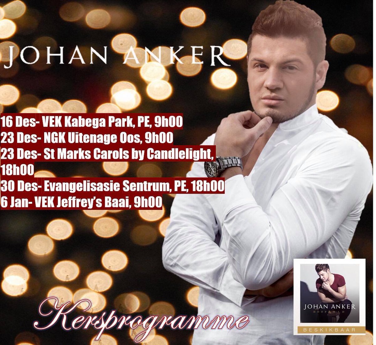 Ooskaap!!! Hierdie feestyd is en lekker besig met my Hoop&amp;Bid toer by julle! Kyk waar ek optree en kom sing en kuier saam!  My album is ook na die tyd beskikbaar vir kersgeskenke! 😉🎅🏽🎄
<a href="/Umusiek/">Universal Musiek</a> <a href="/Christien_DK/">Christien De Klerk Marketing</a> <a href="/100persentegAfr/">100% Afrikaans</a> <a href="/BinoBoshoff/">Bino Boshoff</a>