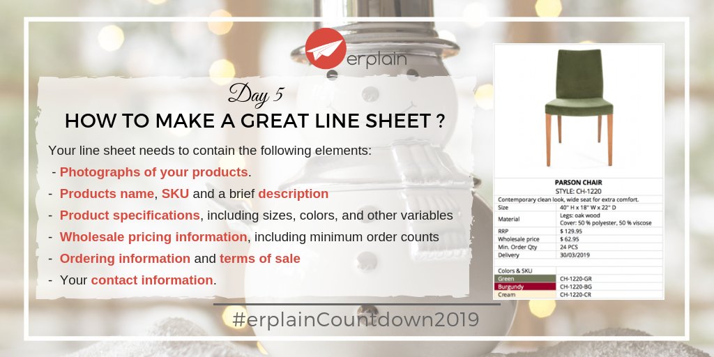 erplainapp's tweet photo. #Day5 of our #erplainCountdown2019 : How to make a great #LineSheet ? The first priority of your line sheet is making it easier for customers to buy your products. https://t.co/GWDSiCs4tS