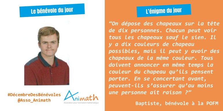 Asso_Animath's tweet photo. ❓ Comment trouver la couleur du 🎩 ? On attend vos propositions de stratégie !
🙋♂️ Aujourd'hui dans #DécembreDesBénévoles une énigme proposée par Baptiste, bénévole pour la #POFM @MathsOlympiques ! https://t.co/7KUaWzPLby