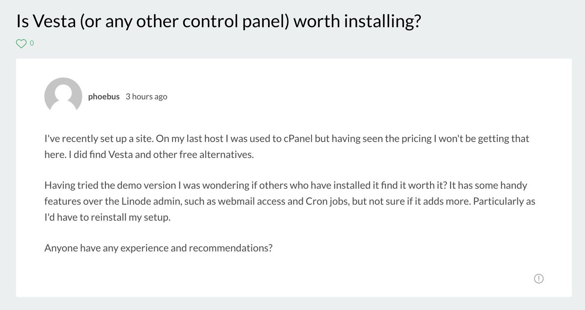 linode's tweet image. Do you have experience with #VestaCP or recommendations for a free alternative to #cPanel? #LinodeCommunity linode.com/community/ques… …