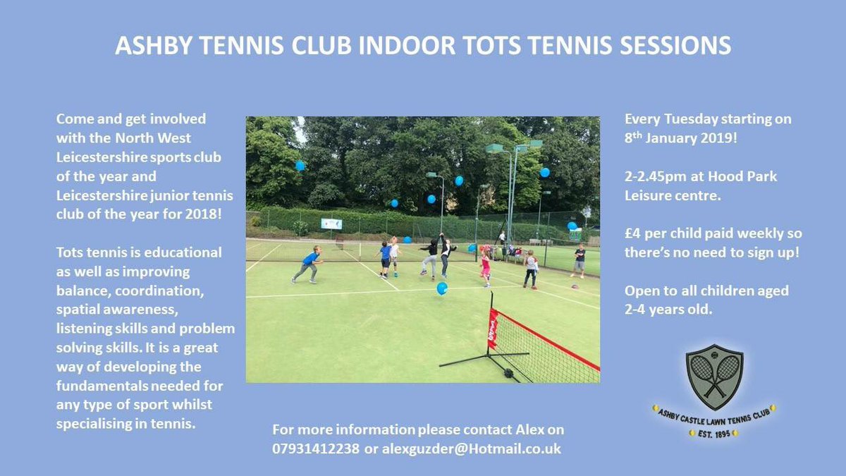 New tots tennis sessions starting indoors from Jan 8th, spread the word! #tots #ashby #childrensports #tennis #indoortennis @HoodPark_LC @TennisLeics @MidsTennis