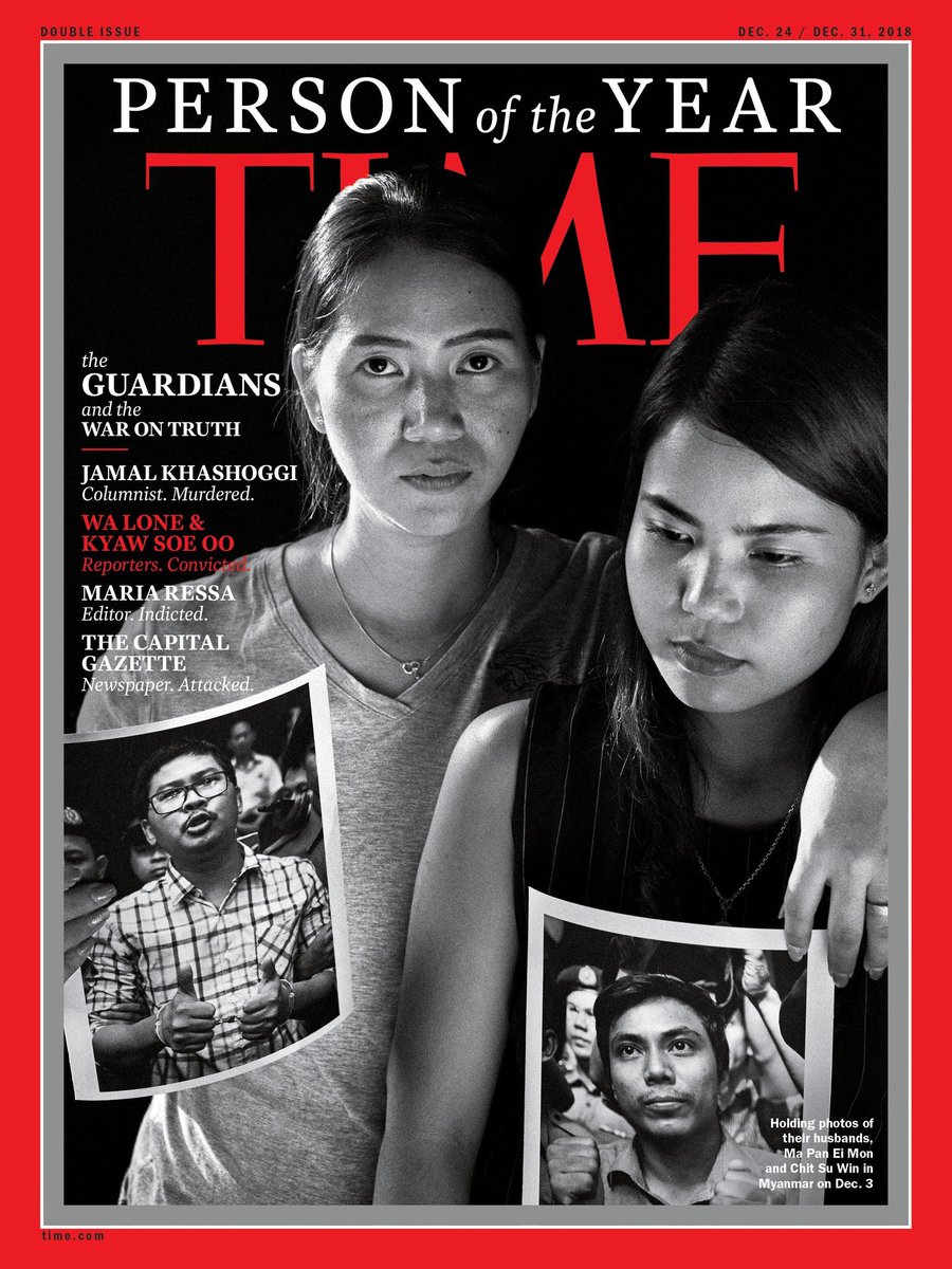 Benioff's tweet photo. Very proud of @TIME for making an extraordinary choice for Person of The Year. The Guardians—Jamal Khashoggi, the Capital Gazette, Maria Ressa, Wa Lone and Kyaw Soe Oo—are TIME's Person of the Year 2018 #TIMEPOY Congrats to @efelsenthal &amp; his remarkable team at @TIME! https://t.co/fGC1XPpsRs