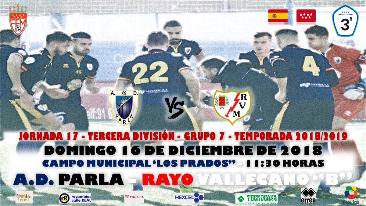 Agrupación Deportiva Parla (@adparla) on Twitter photo 🏆 Tercera División - Grupo 7 🇪🇸
#⃣ Jornada 17
⚽️ <a href="/adparla/">Agrupación Deportiva Parla</a> 🆚 <a href="/RayoVallecano/">Rayo Vallecano</a> ''B''
🗓️ Domingo 16 de Diciembre de 2018
⏰ 11:30 horas
🏟️ Campo Municipal ''Los Prados''
📻 <a href="/madridaltanto/">Madrid al Tanto</a>
📊 14º <a href="/adparla/">Agrupación Deportiva Parla</a> | 18 puntos
📊 7º <a href="/RayoVallecano/">Rayo Vallecano</a> ''B'' | 25 puntos
#MiParlaPROMETE 💙🖤 🏆 Tercera División - Grupo 7 🇪🇸
#⃣ Jornada 17
⚽️ <a href="/adparla/">Agrupación Deportiva Parla</a> 🆚 <a href="/RayoVallecano/">Rayo Vallecano</a> ''B''
🗓️ Domingo 16 de Diciembre de 2018
⏰ 11:30 horas
🏟️ Campo Municipal ''Los Prados''
📻 <a href="/madridaltanto/">Madrid al Tanto</a>
📊 14º <a href="/adparla/">Agrupación Deportiva Parla</a> | 18 puntos
📊 7º <a href="/RayoVallecano/">Rayo Vallecano</a> ''B'' | 25 puntos
#MiParlaPROMETE 💙🖤