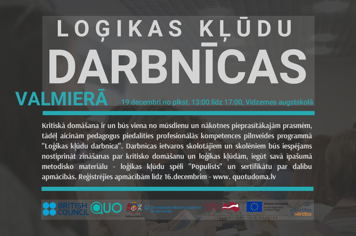 Vēl līdz 16.decembrim iespējams pieteikties argumentācijas un loģikas apmācībām Valmierā! Aicināti gan skolēni, gan studenti, gan skolotāji! Reģistrācijas anketa - docs.google.com/forms/d/e/1FAI…